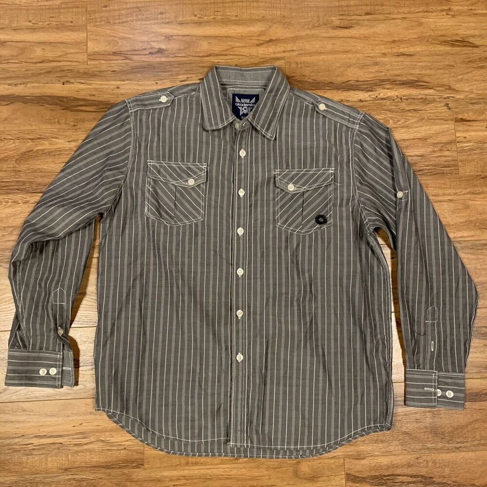 Akademiks Men's Button Down Shirt Size XL Gray Striped Long Sleeve